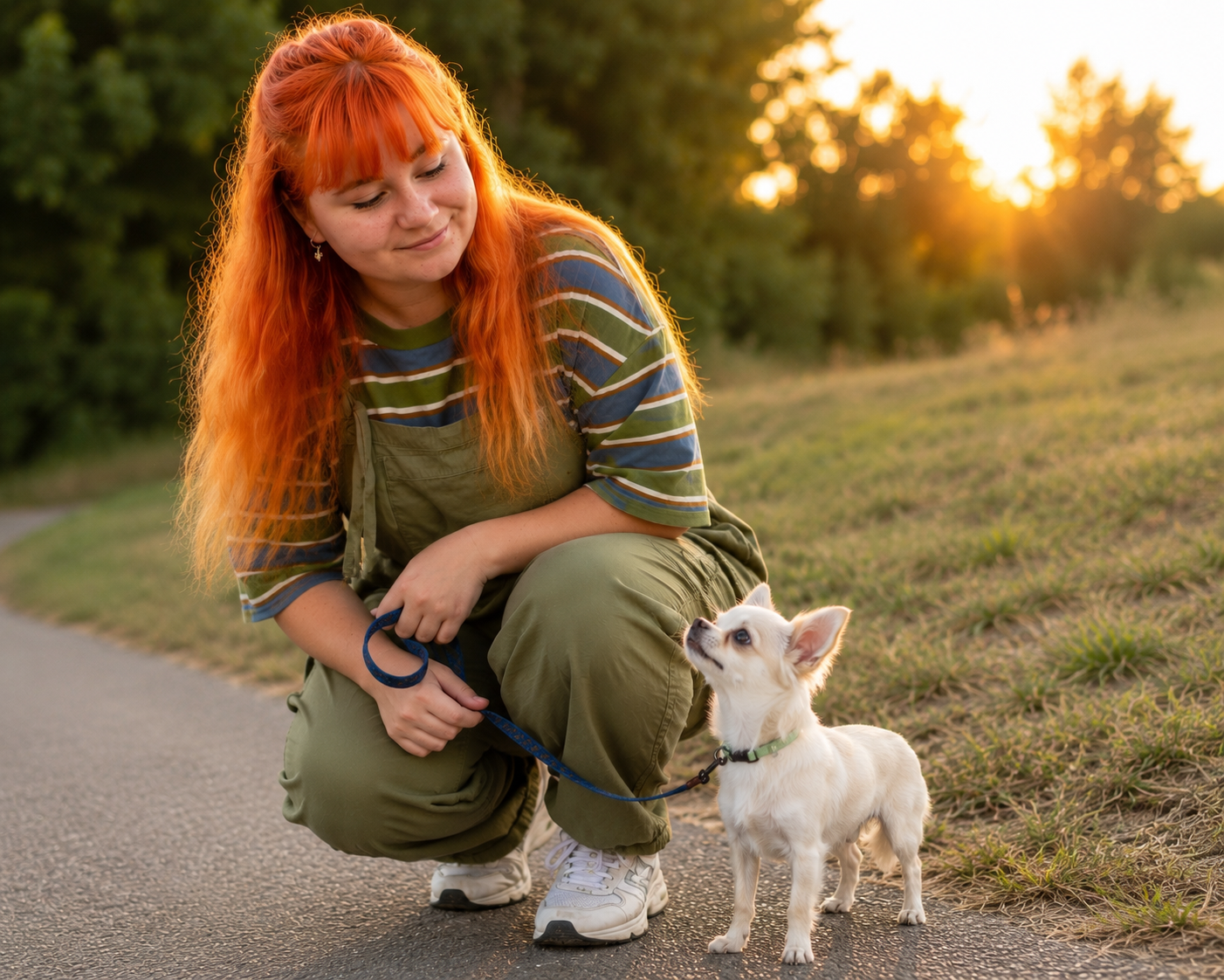 Chloe crouching down to greet a small chihuahua in golden sunset light